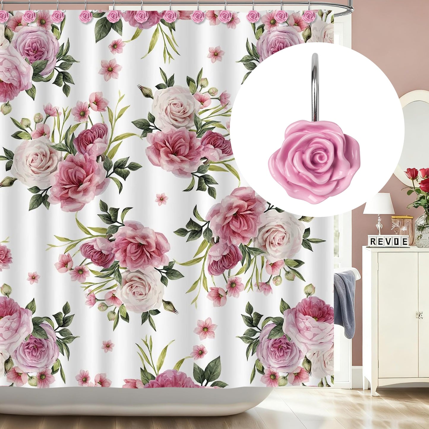 Sunlit Rose Shower Curtain Hooks, Home Decorative Flower Shower Curtain Rings for Bathroom, Resin, Pink Floral Shower Curtain Hanger Hooks for Living Room, Set of 12