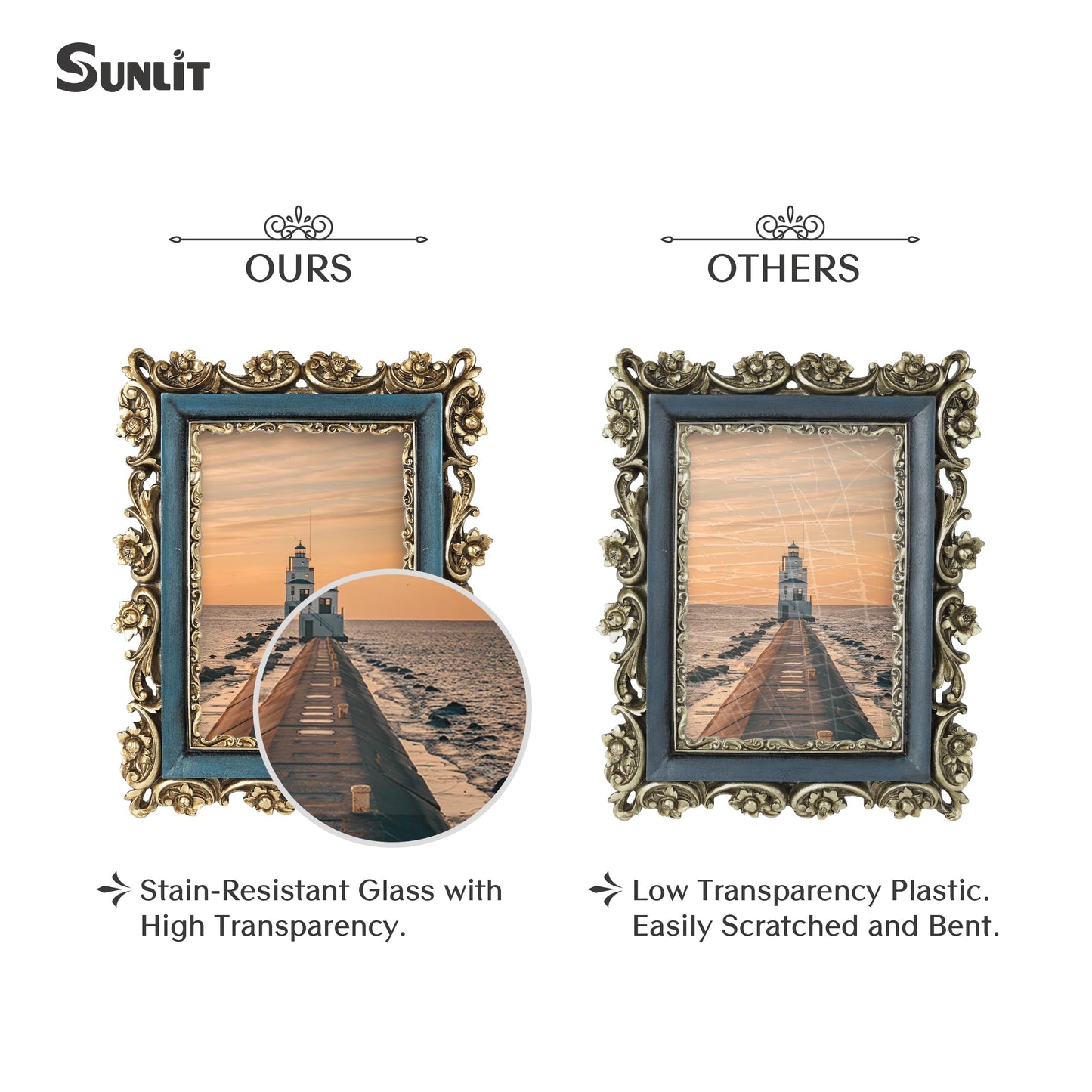Sunlit Vintage Picture Frame 4x6 Inch, Luxury Antique Photo Frames with Glass Front, Photo Display, Tabletop Wall Hanging, Gift Ideas, Retro Blue and Gold