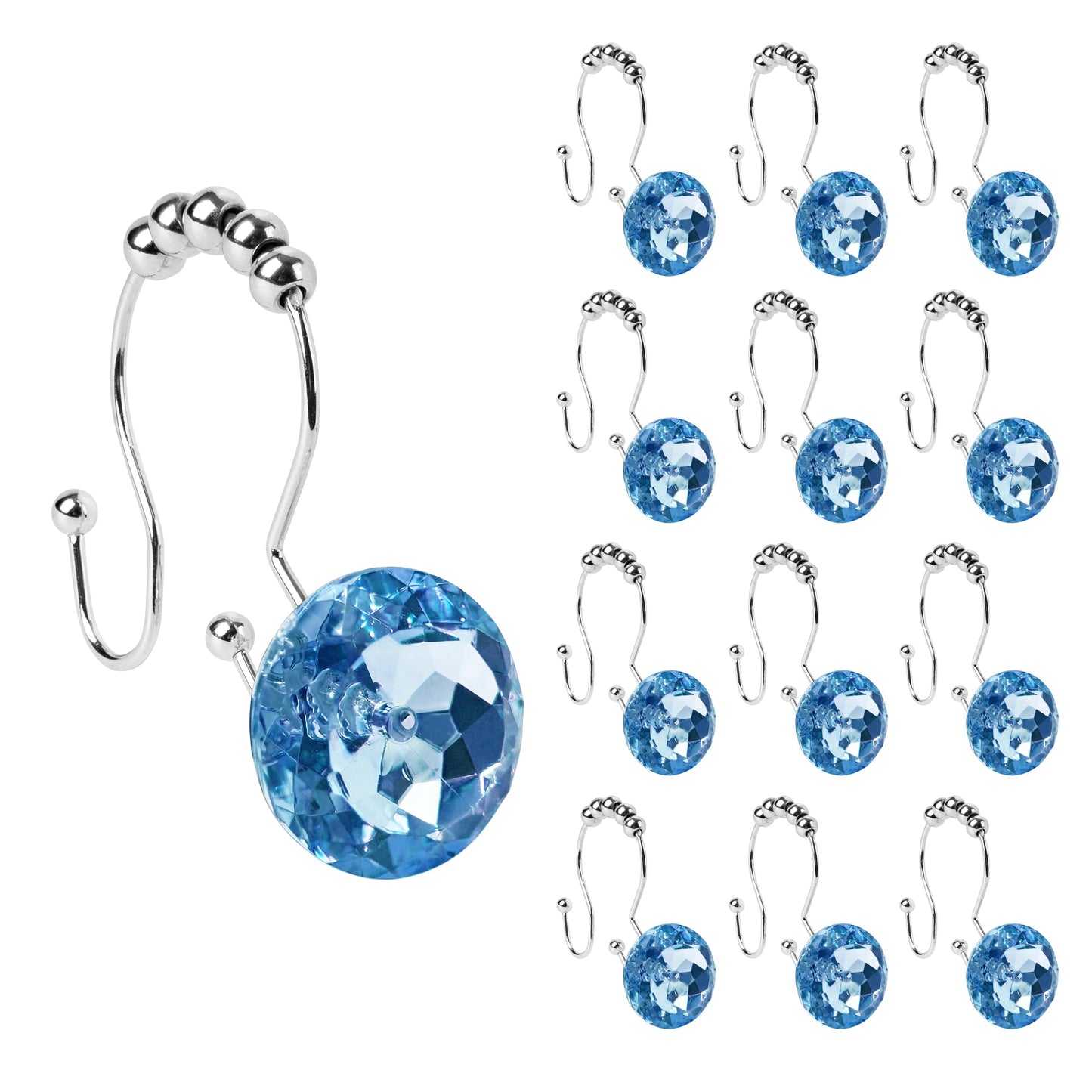 Sunlit Luxury Design Round Yellow Diamond Crystal Gem Bling with Glide Balls Shower Curtain Hooks, Rust Proof Metal Rhinestones Glam Shower Curtain Rings-12 Pack