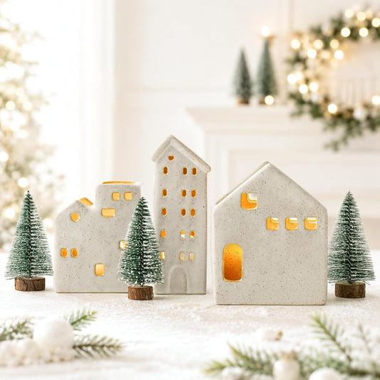 Sunlit Ceramic Christmas Village Sets of 3 Houses with 3 Tea Lights & 3 Frosted Trees, Christmas Decorations Indoor, Xmas Holiday Farmhouse Vintage Rustic Decor for Tabletop Mantle, Beige