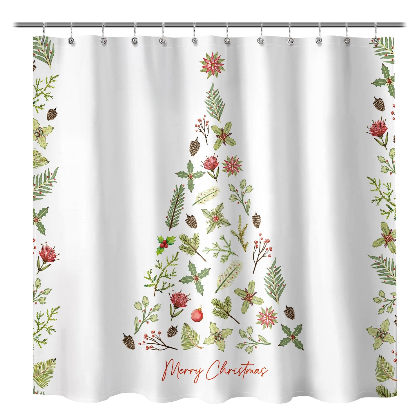 Sunlit Christmas Shower Curtain, Green Xmas Pine Tree with Red Star Ornament Holiday Floral Holly Berries Decorations Festive Bathroom Fabric Shower Curtain, Home Decor Tapestry, 72" x 72"