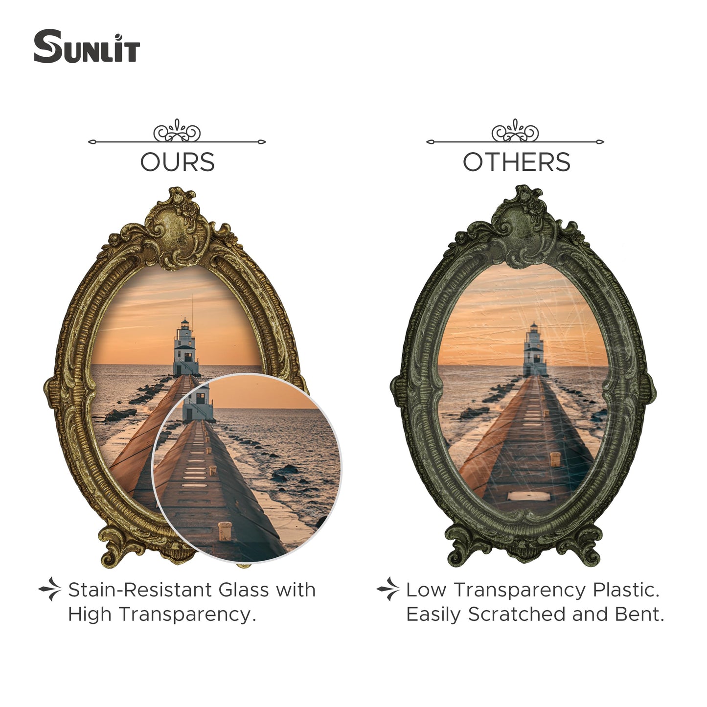 Sunlit Vintage Picture Frame 4x6 Inch, Oval Antique Photo Frames with Glass Front, Luxury Photo Display, Tabletop Wall Hanging, Gift Ideas, Brown