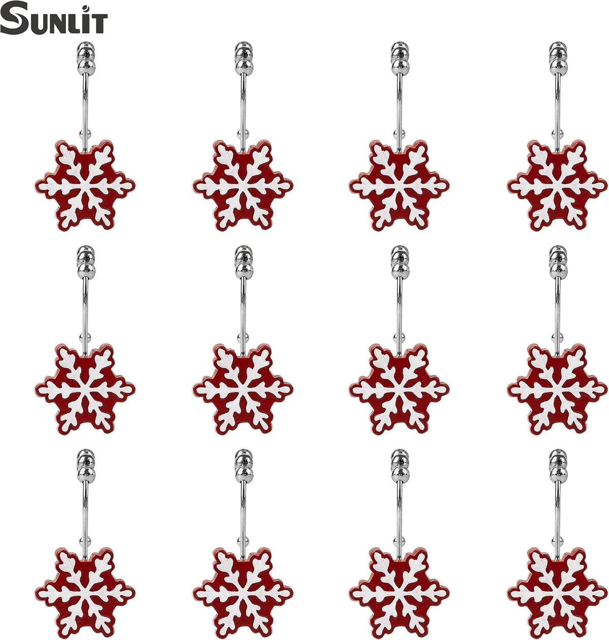 Sunlit Christmas Shower Curtain Hooks Snowflakes Double Shower Curtain Rings, Resin, Red and White Christmas Decor, Winter Bathroom Decoration - 12 Pack