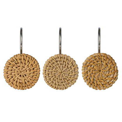 Sunlit Boho Decorative Shower Curtain Hooks, Woven Wicker Ratten Beige Shower Curtain Rings for Bathroom, Farmhouse Shower Curtain Hangers Bathroom Accessories, Set of 12