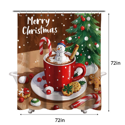 Sunlit Christmas Shower Curtain, Red Mug Hot Cocoa with Snowman Marshmallows and Gingerbread Cookies, Whimsical Holiday Scene Festive Bathroom Fabric Shower Curtain, Home Decor Tapestry, 72" x 72"
