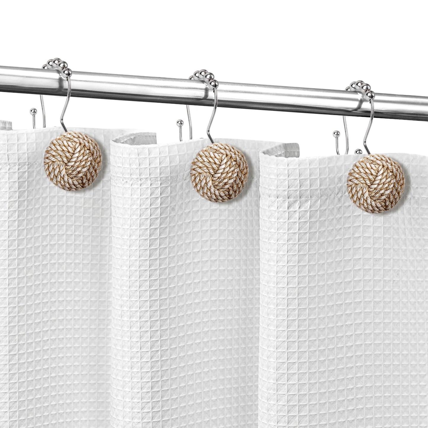 Sunlit Boho Knots Double Shower Curtain Hooks, Home Decorative White Shower Curtain Rings for Bathroom, Seaside Nautical Shower Curtain Hangers Bathroom Accessories, Set of 12