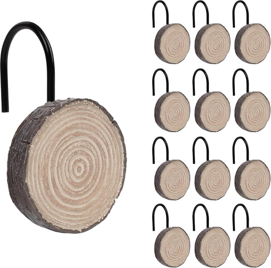 Sunlit Farmhouse Wooden Slices Shower Curtain Hooks, Rustic Home Decorative Shower Curtain Rings with Black Hooks for Bathroom, Resin Shower Curtain Hangers Bathroom Accessories, Set of 12