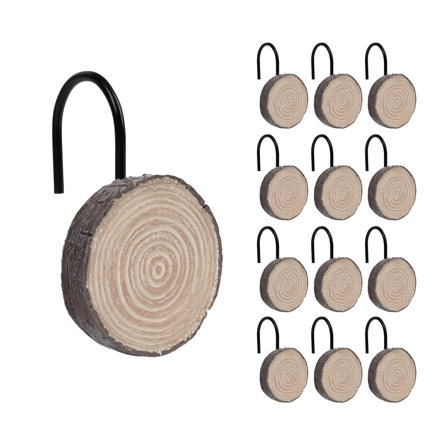Sunlit Farmhouse Wooden Slices Shower Curtain Hooks, Rustic Home Decorative Shower Curtain Rings with Black Hooks for Bathroom, Resin Shower Curtain Hangers Bathroom Accessories, Set of 12
