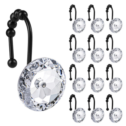 Sunlit Luxury Design Round Yellow Diamond Crystal Gem Bling with Glide Balls Shower Curtain Hooks, Rust Proof Metal Rhinestones Glam Shower Curtain Rings-12 Pack