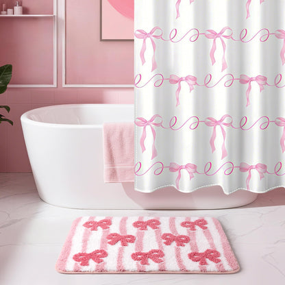 Sunlit Cute Bow Bathroom Rugs 32x20, Coquette Pink Bow Rug for Bedroom, Extra Soft Super Absorbent Bath Mat Quick Dry, Shaggy Bath Rug Non-Slip Washable Bathroom Floor Mat, Pink Stripe