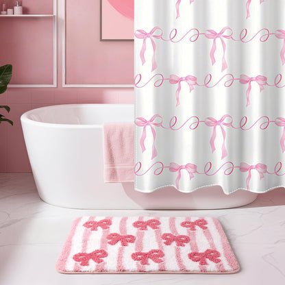 Sunlit Cute Bow Bathroom Rugs 32x20, Coquette Pink Bow Rug for Bedroom, Extra Soft Super Absorbent Bath Mat Quick Dry, Shaggy Bath Rug Non-Slip Washable Bathroom Floor Mat, Pink Stripe