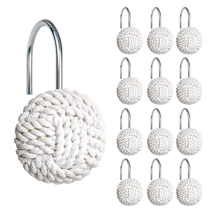 Sunlit Boho Knots Double Shower Curtain Hooks, Home Decorative White Shower Curtain Rings for Bathroom, Seaside Nautical Shower Curtain Hangers Bathroom Accessories, Set of 12