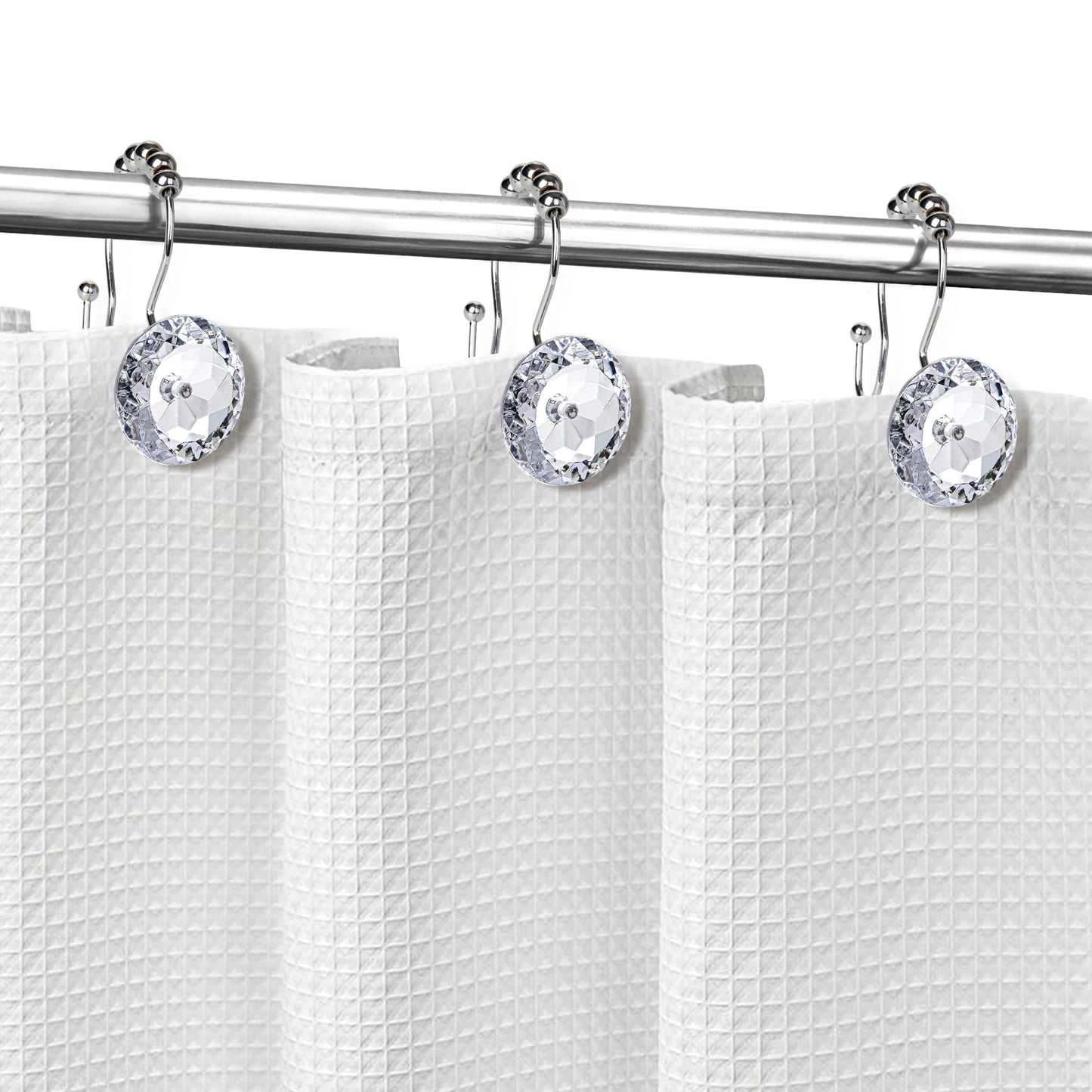 Sunlit Luxury Design Round Clear Diamond Crystal Gem Bling with Glide Balls Double Shower Curtain Hooks, Rust Proof Metal Rhinestones Glam Shower Curtain Rings-12 Pack