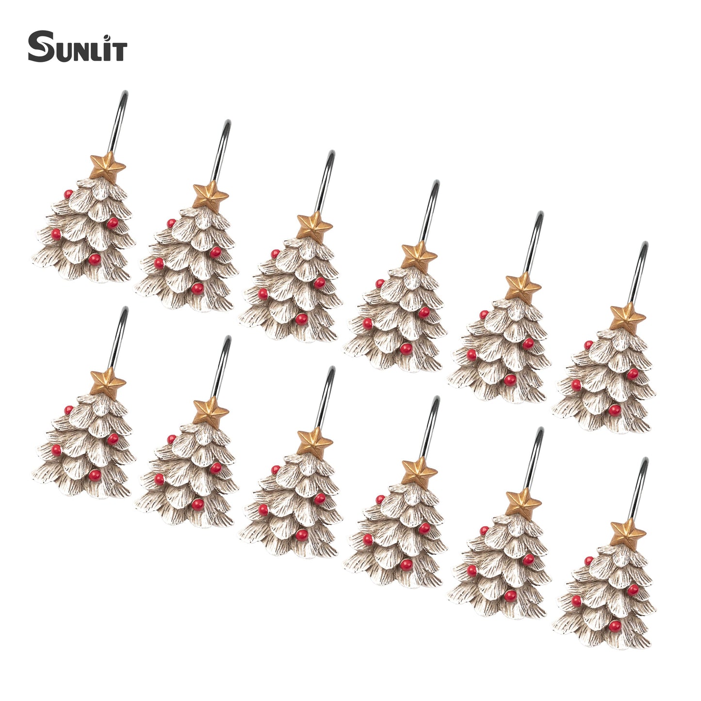 Sunlit Christmas Tree Decorative Shower Curtain Hooks with Star, Green Shower Curtain Rings, Resin, Xmas Theme Winter Holiday Bathroom Decoration, Set of 12