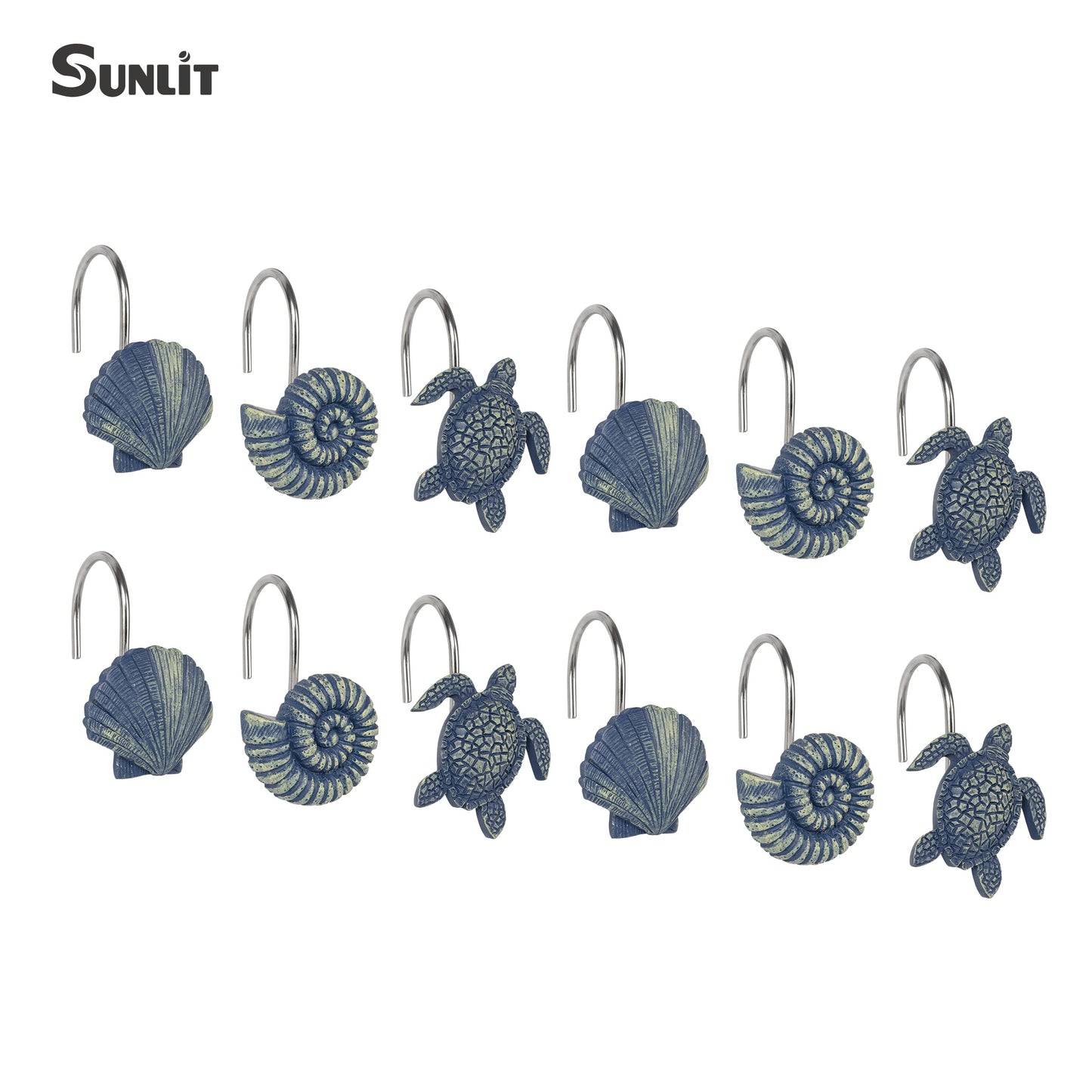 Sunlit Seashells Decorative Shower Curtain Hooks, Blue Scallop Nautilus & Sea Turtle Shower Curtain Rings, Resin, Nautical Bathroom Decoration Beach Shower Curtain Hooks-12 Pack