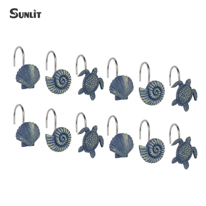 Sunlit Seashells Decorative Shower Curtain Hooks, Blue Scallop Nautilus & Sea Turtle Shower Curtain Rings, Resin, Nautical Bathroom Decoration Beach Shower Curtain Hooks-12 Pack