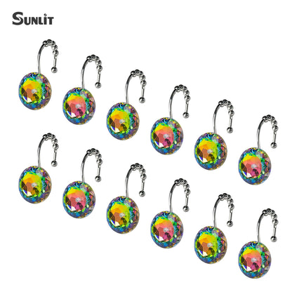 Sunlit Luxury Design Round Clear Diamond Crystal Gem Bling with Glide Balls Double Shower Curtain Hooks, Rust Proof Metal Rhinestones Glam Shower Curtain Rings-12 Pack