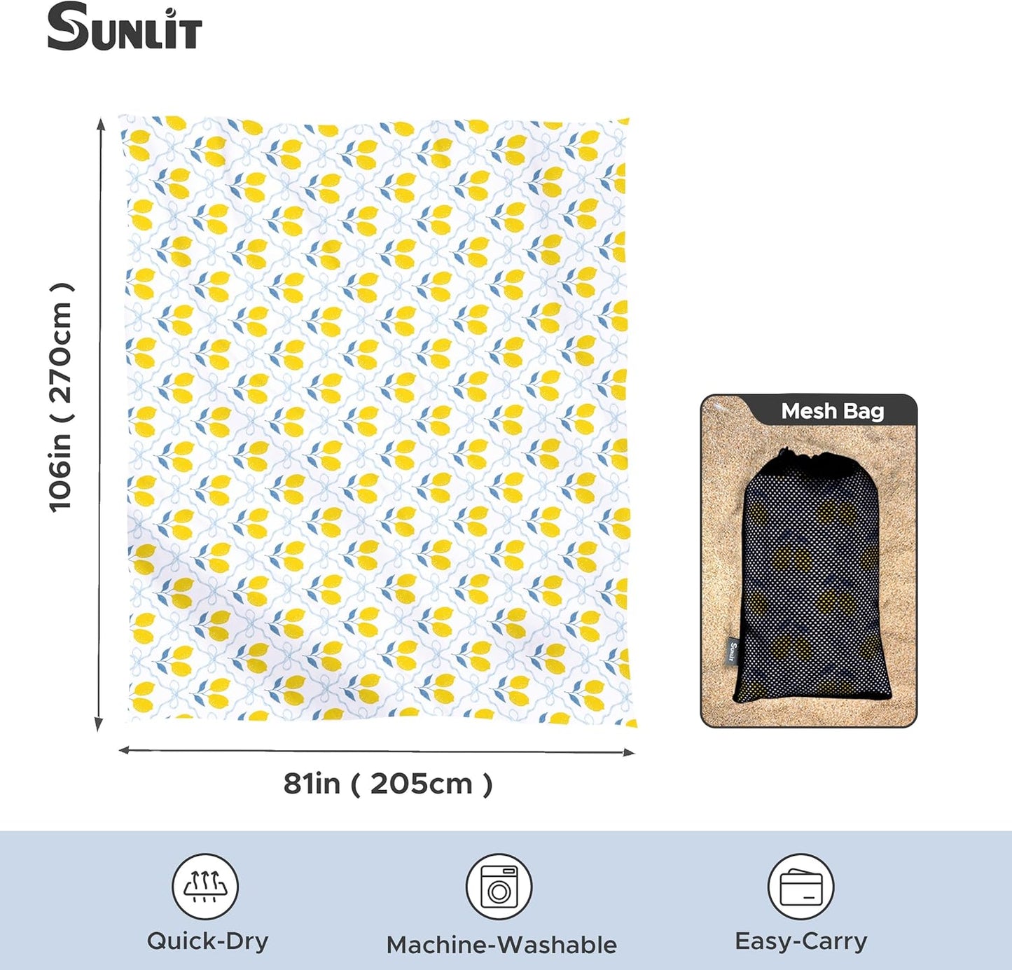 Sunlit Large Beach Blanket Waterproof Sand Proof, 81" x106" Sand Free Mat with Corner Pockets and Storage Bag, for Travel Beach Camping Outdoor Festival, Chic Summer Accent Lemon Lattice