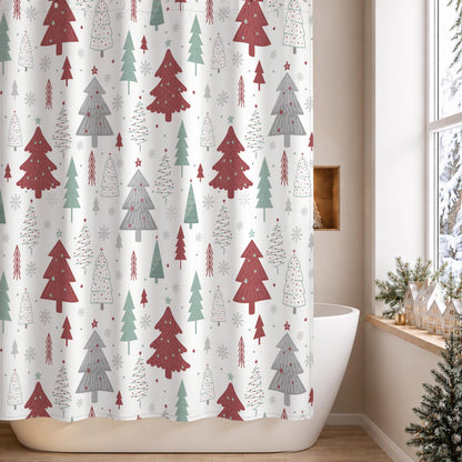 Sunlit Christmas Shower Curtain, Blue and Gray Xmas Trees with Stars and Snow Pattern Shower Curtains for Bathroom Decor, Winter Snowflake Pine Tree Bathroom Curtains, 71x71 Inch