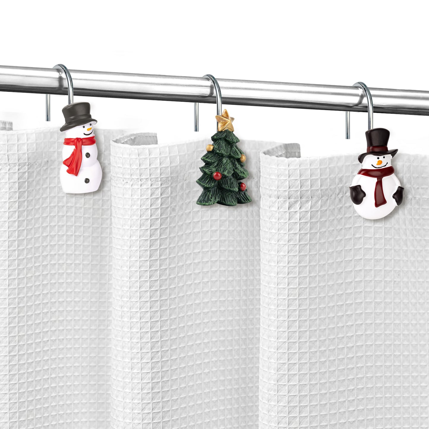Sunlit Christmas Tree Snowman Decorative Shower Curtain Hooks, Green White Shower Curtain Rings, Resin, Xmas Theme Winter Holiday Bathroom Decoration, Set of 12