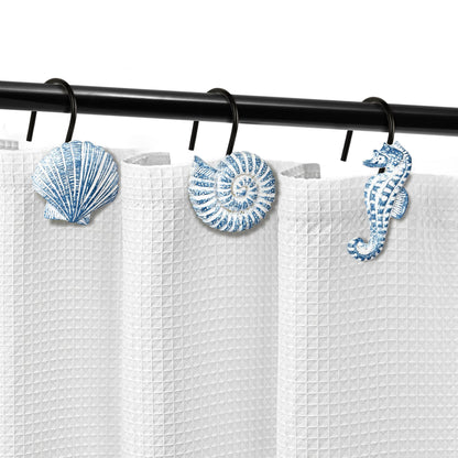 Sunlit Seashells Decorative Shower Curtain Hooks, Blue Ocean Creatures Coastal Shower Curtain Rings with Black Hooks, Resin, Nautical Bathroom Decoration Beach Shower Curtain Hooks, Set of 12