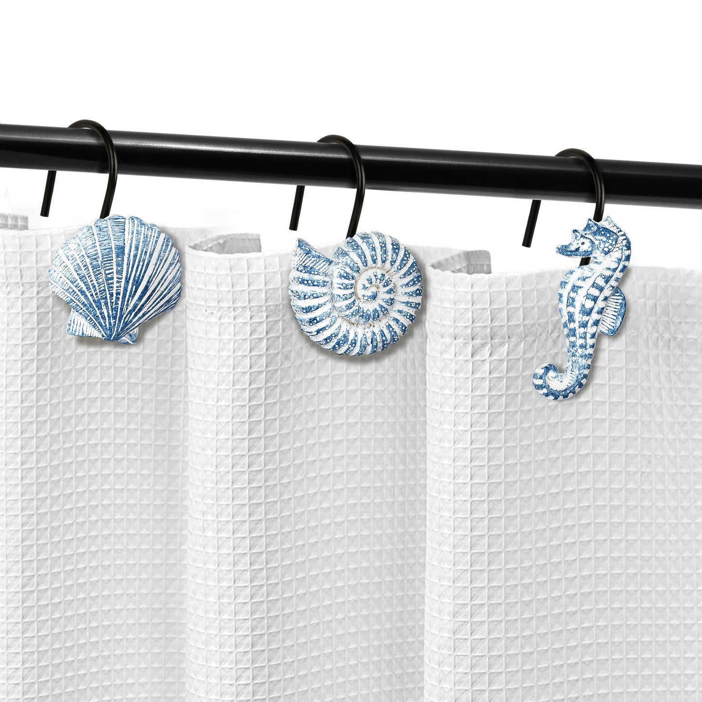 Sunlit Seashells Decorative Shower Curtain Hooks, Aqua Blue Ocean Creatures Coastal Shower Curtain Rings with Black Hooks, Resin, Nautical Bathroom Decoration Beach Shower Curtain Hooks, Set of 12