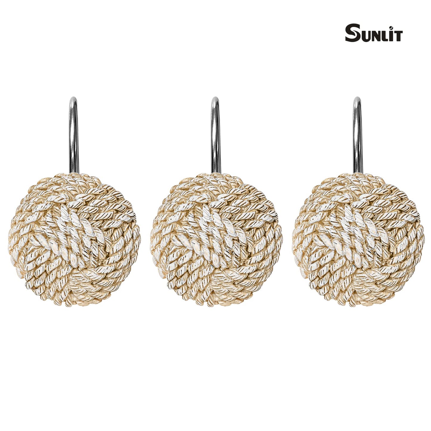 Sunlit Boho Knots Double Shower Curtain Hooks, Home Decorative White Shower Curtain Rings for Bathroom, Seaside Nautical Shower Curtain Hangers Bathroom Accessories, Set of 12