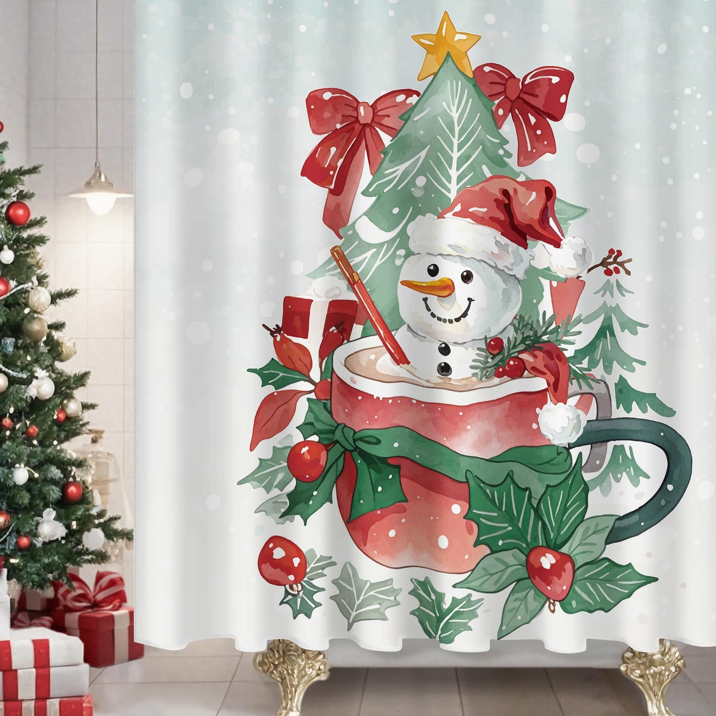 Sunlit Christmas Shower Curtain, Red Mug Hot Cocoa with Snowman Marshmallows and Gingerbread Cookies, Whimsical Holiday Scene Festive Bathroom Fabric Shower Curtain, Home Decor Tapestry, 72" x 72"