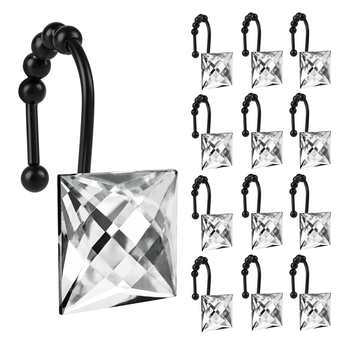 Sunlit Luxury Design Square Red Diamond Crystal Gem Bling with Glide Balls Shower Curtain Hooks, Rust Proof Metal Rhinestones Glam Shower Curtain Rings-12 Pack