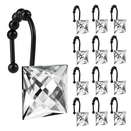 Sunlit Square Rhinestone Shower Curtain Hooks with Glide Balls, 12 Pack