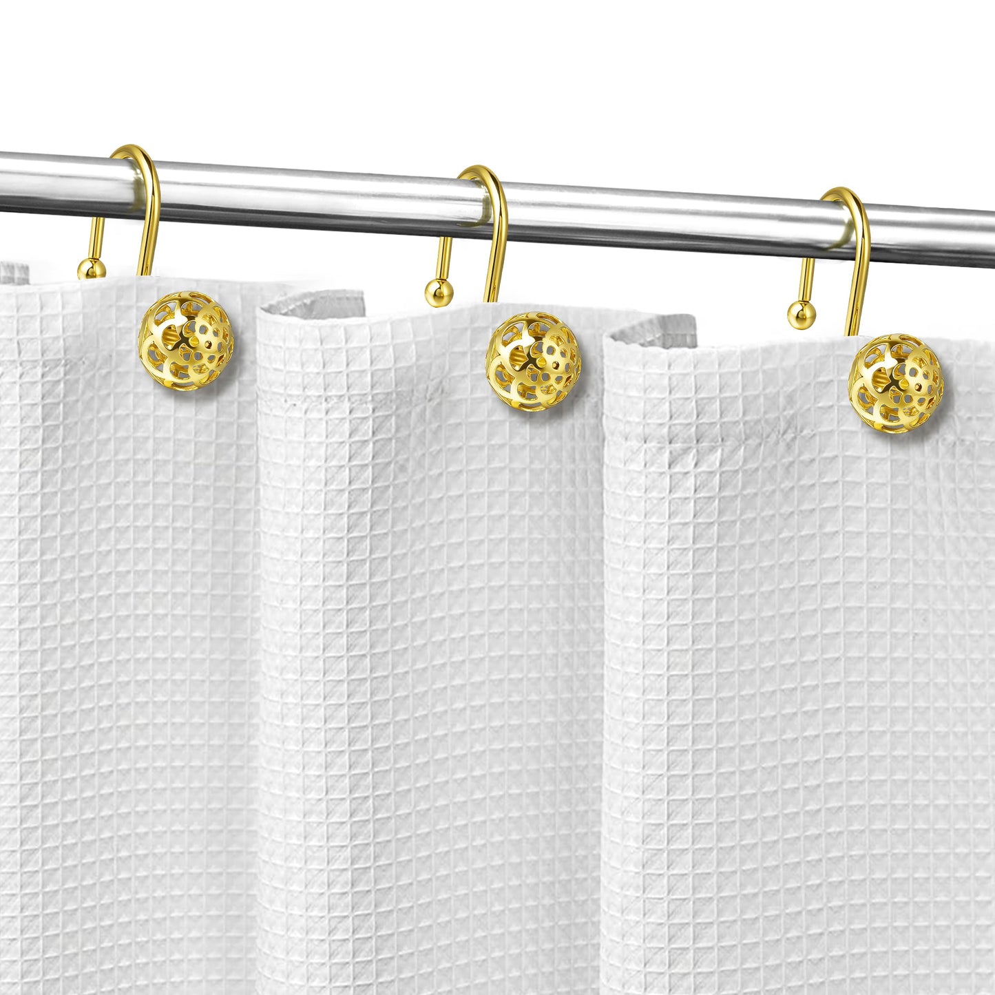 Sunlit Gold Hollow Ball Shower Curtain Hooks, Metal Home Decorative Shower Curtain Rings for Bathroom, Modern Shower Curtain Hangers Bathroom Accessories, Set of 12