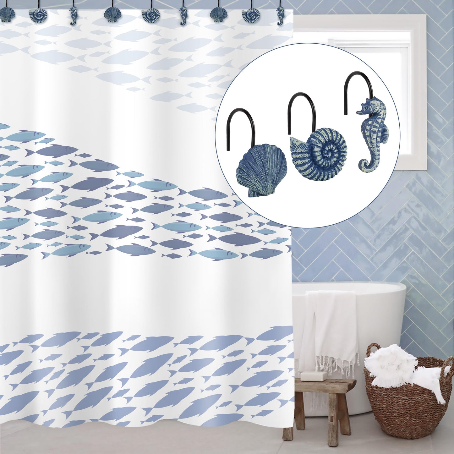 Sunlit Seashells Decorative Shower Curtain Hooks, Blue Ocean Creatures Coastal Shower Curtain Rings with Black Hooks, Resin, Nautical Bathroom Decoration Beach Shower Curtain Hooks, Set of 12