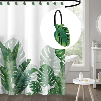 Tropical Leaf Decorative Shower Curtain Hooks, Green Botanical Shower Curtain Rings with Black Hooks, Resin, Monstera Deliciosa Leaves Shower Curtain Hangers for Bathroom, Set of 12