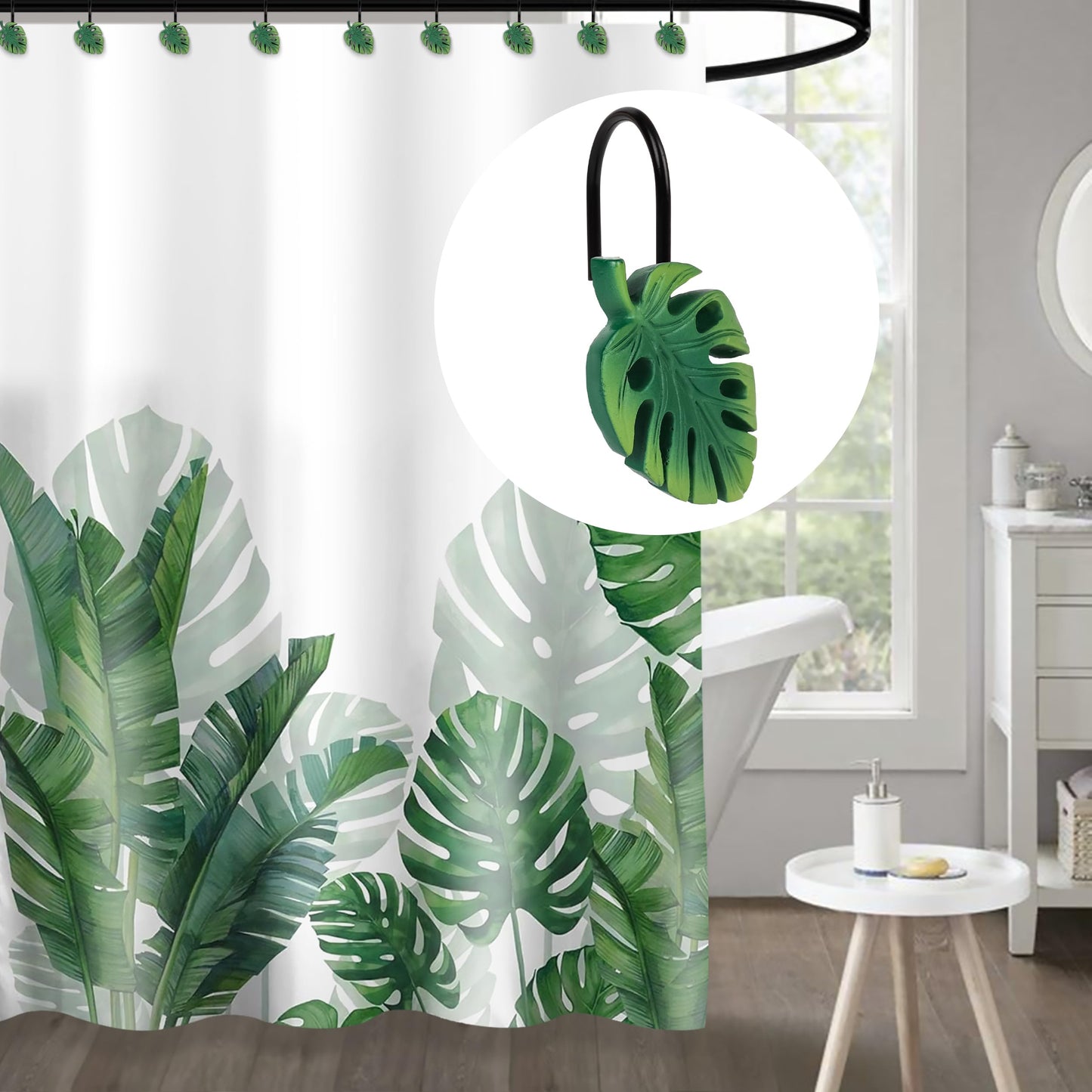 Tropical Leaf Decorative Shower Curtain Hooks Green Botanical Shower Curtain Rings, Resin, Monstera Deliciosa Leaves Shower Curtain Hangers for Bathroom, Set of 12