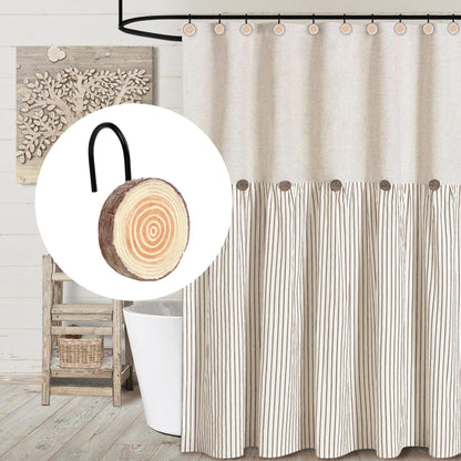 Sunlit Farmhouse Wooden Slices Shower Curtain Hooks, Rustic Home Decorative Shower Curtain Rings with Black Hooks for Bathroom, Resin Shower Curtain Hangers Bathroom Accessories, Set of 12