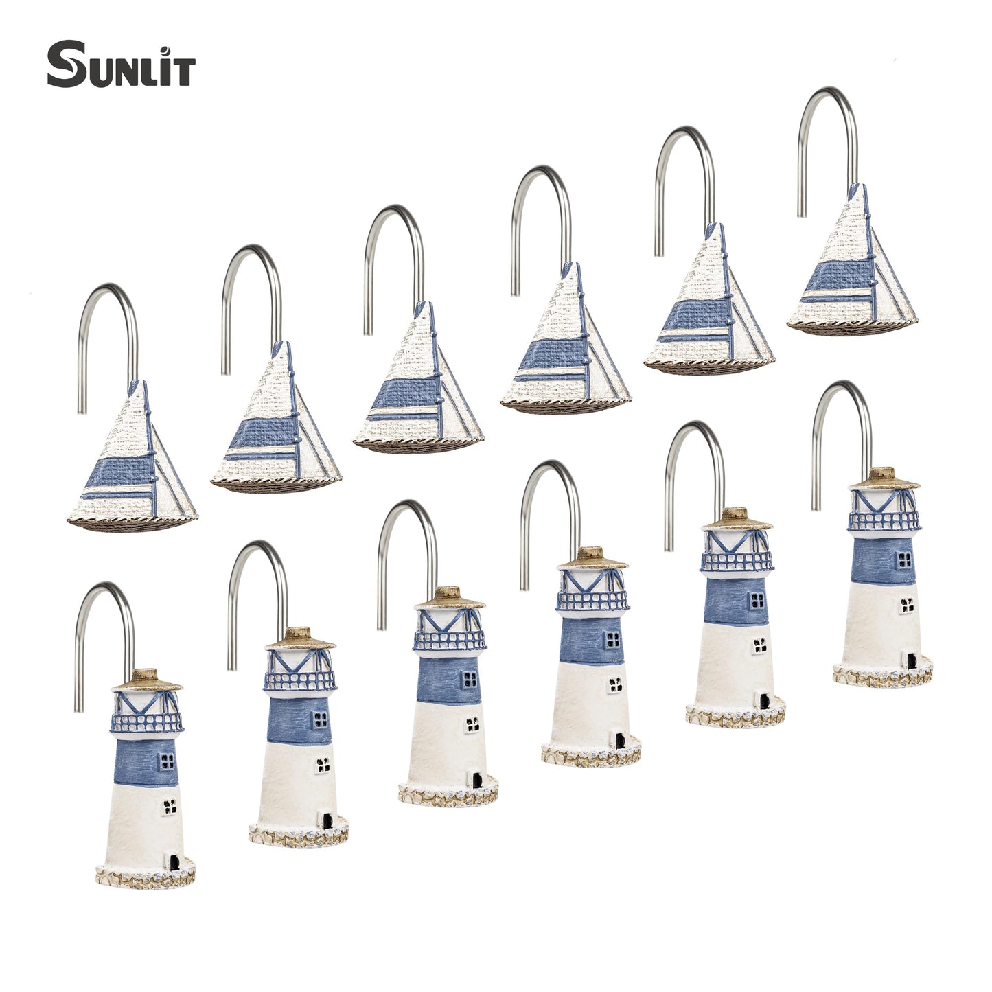 Sunlit Nautical Shower Curtain Hooks, Home Decorative Coastal Shower Curtain Rings for Bathroom, Resin, Ocean Shower Curtain Hanger Hooks for Living Room, Set of 12, Blue Lighthouse Sailboat