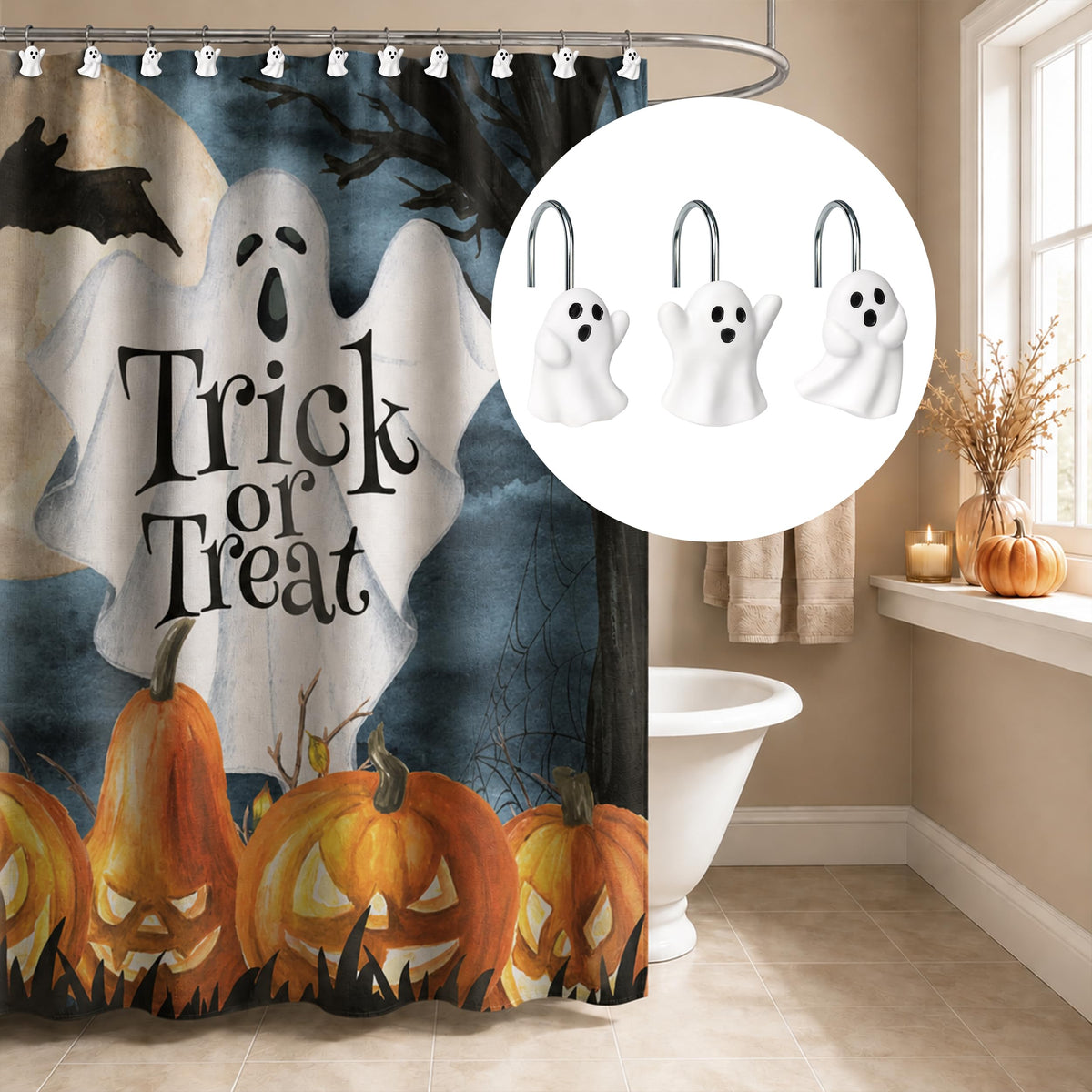 Sunlit Ghost Shower Curtain Hooks, Home Decorative Shower Curtain Rings for Bathroom, Halloween Shower Curtain Hangers Bathroom Accessories, Set of 12, Golden