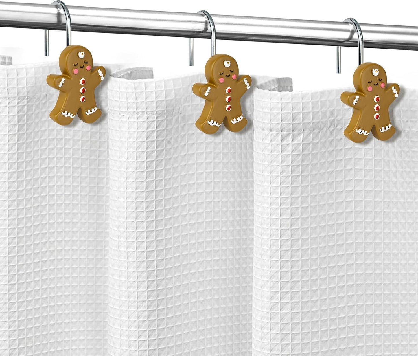 Sunlit Christmas Tree Snowman Decorative Shower Curtain Hooks, Green White Shower Curtain Rings, Resin, Xmas Theme Winter Holiday Bathroom Decoration, Set of 12