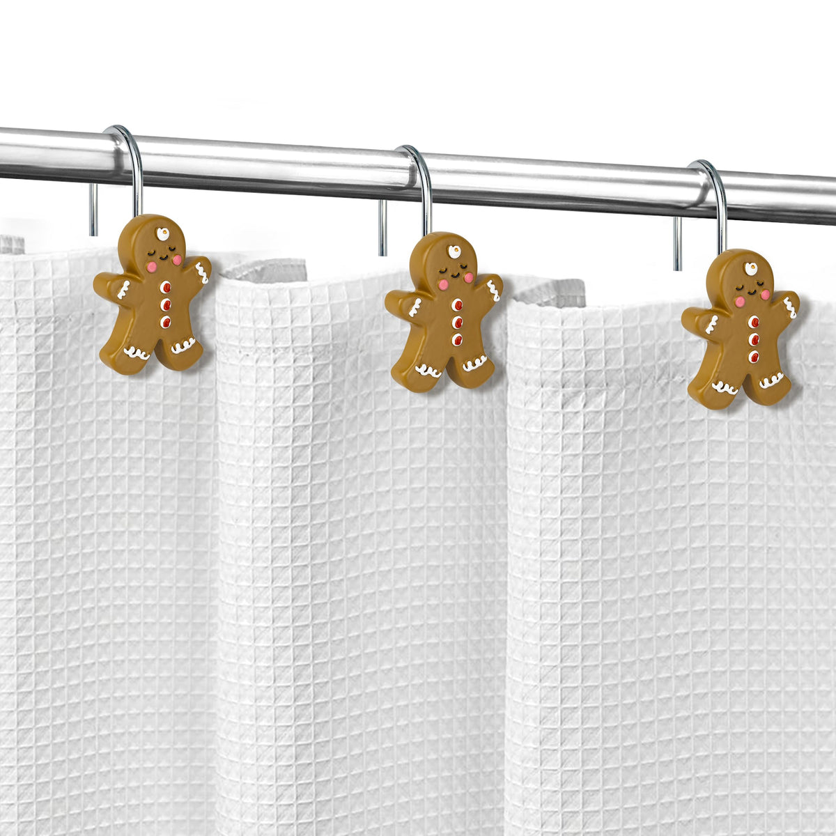 Sunlit Christmas Tree Snowman Decorative Shower Curtain Hooks, Green White Shower Curtain Rings, Resin, Xmas Theme Winter Holiday Bathroom Decoration, Set of 12