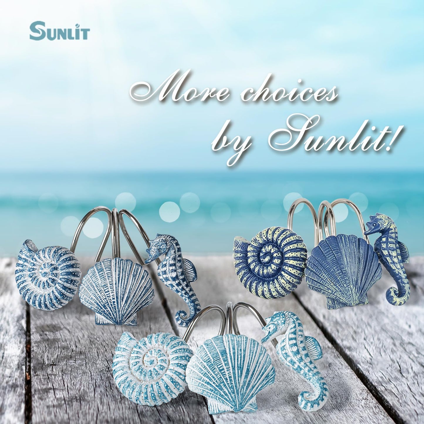 Sunlit Seashells Decorative Shower Curtain Hooks, Aqua Blue Ocean Creatures Coastal Shower Curtain Rings with Black Hooks, Resin, Nautical Bathroom Decoration Beach Shower Curtain Hooks, Set of 12