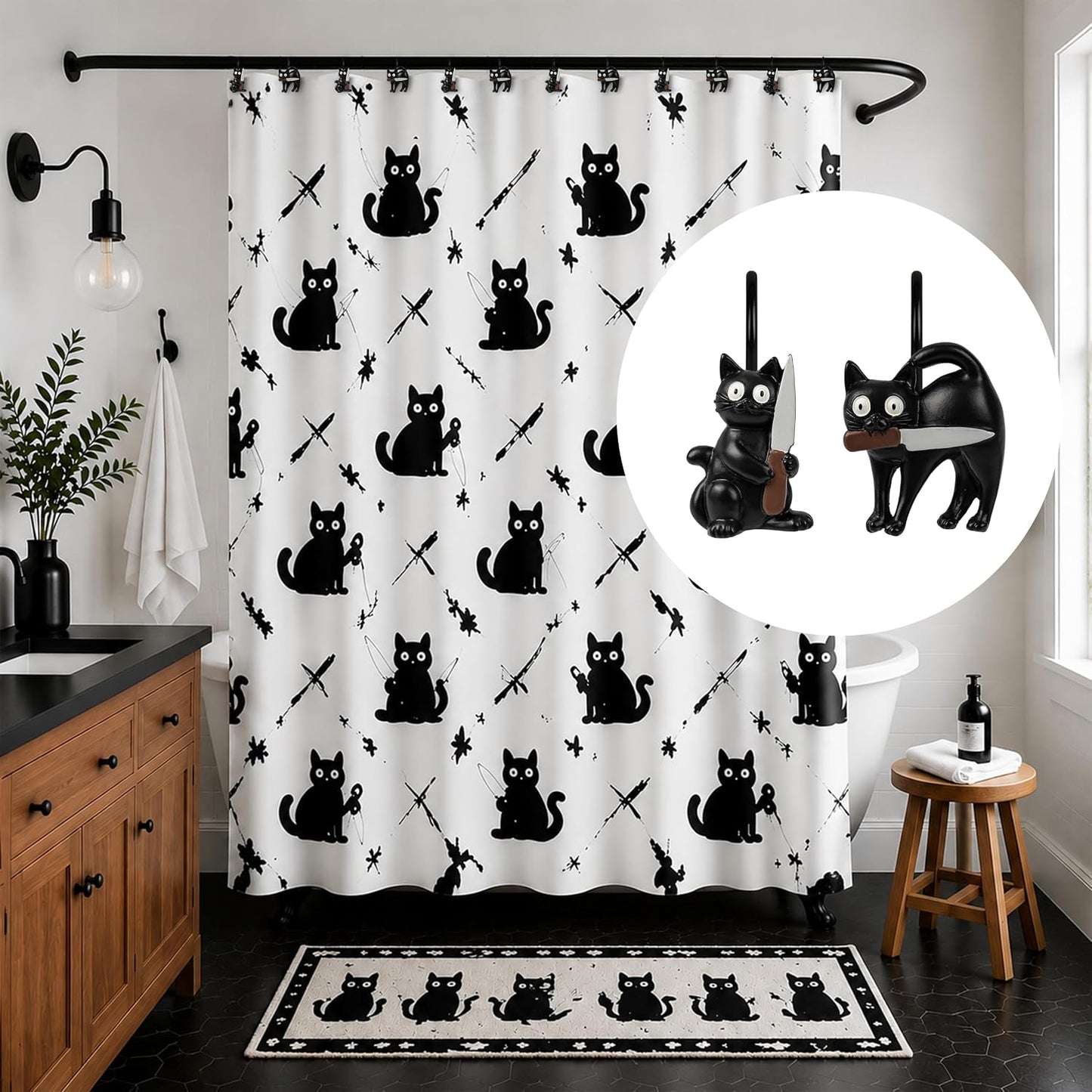 Sunlit Halloween Creepy Black Cat Shower Curtain Hooks, Home Decorative Shower Curtain Rings for Bathroom, Spooky Shower Curtain Hangers Bathroom Accessories, Set of 12