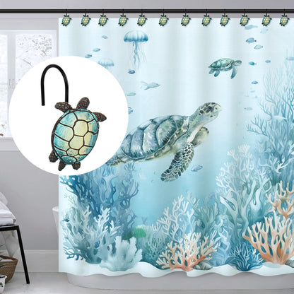 Sunlit Sea Turtle Shower Curtain Hooks, Home Decorative Shower Curtain Rings for Bathroom, Resin, Ocean Shower Curtain Hanger Hooks for Kid Room Living Room, Set of 12