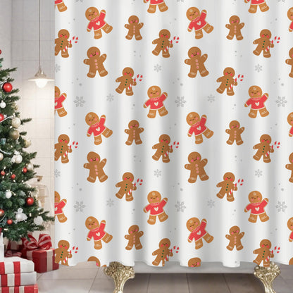 Sunlit Christmas Shower Curtain, Pink Holiday Gingerbread Men with Candy Canes and Snowflakes Cute Xmas Cookie Pattern, Festive Bathroom Fabric Shower Curtain, Home Decor Tapestry, 72" x 72"