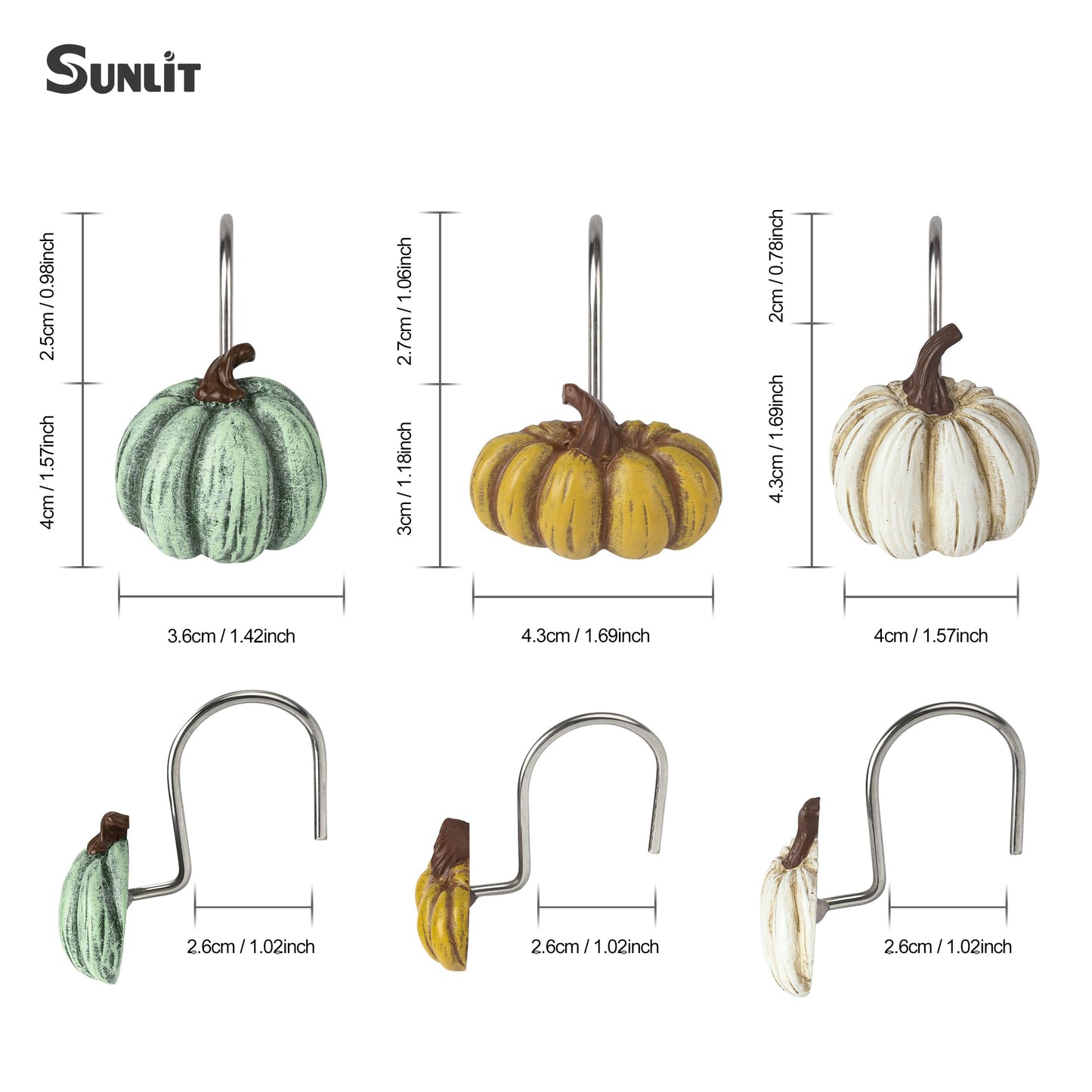Sunlit Fall Pumpkin Decorative Shower Curtain Hooks, Autumn Harvest Festival Shower Curtain Rings, Resin, Orange Farmhouse Bathroom Curtain Hangers Decoration, Set of 12