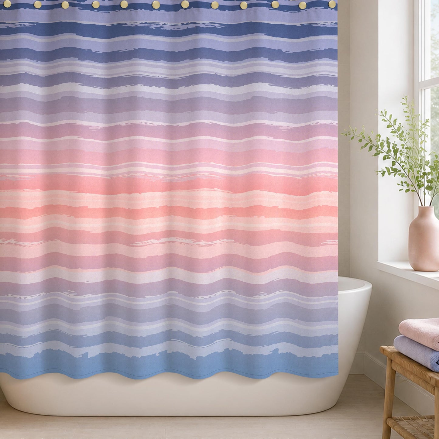 Sunlit Sunset Ombre Striped Shower Curtain, Blue and Orange Textured Slubbed Fabric Shower Curtain for Bathroom Decoration, Gradient Stripe Bathroom Curtain, 72x72