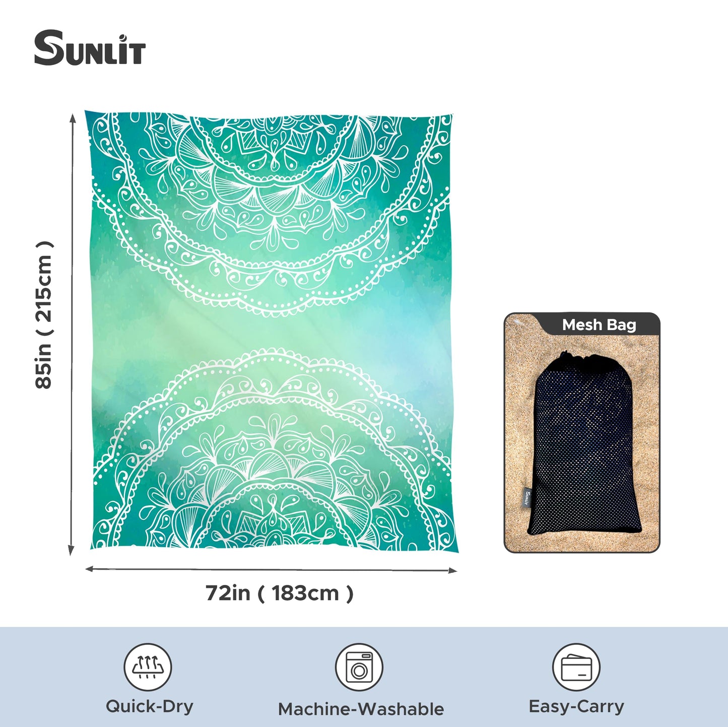 Sunlit Silky Soft Sand Proof Beach Blanket 106"x81" / 85"x72" Sand Proof Mat with Corner Pockets and Mesh Bag for Beach Party, Travel, Camping and Outdoor Music Festival, Mandala
