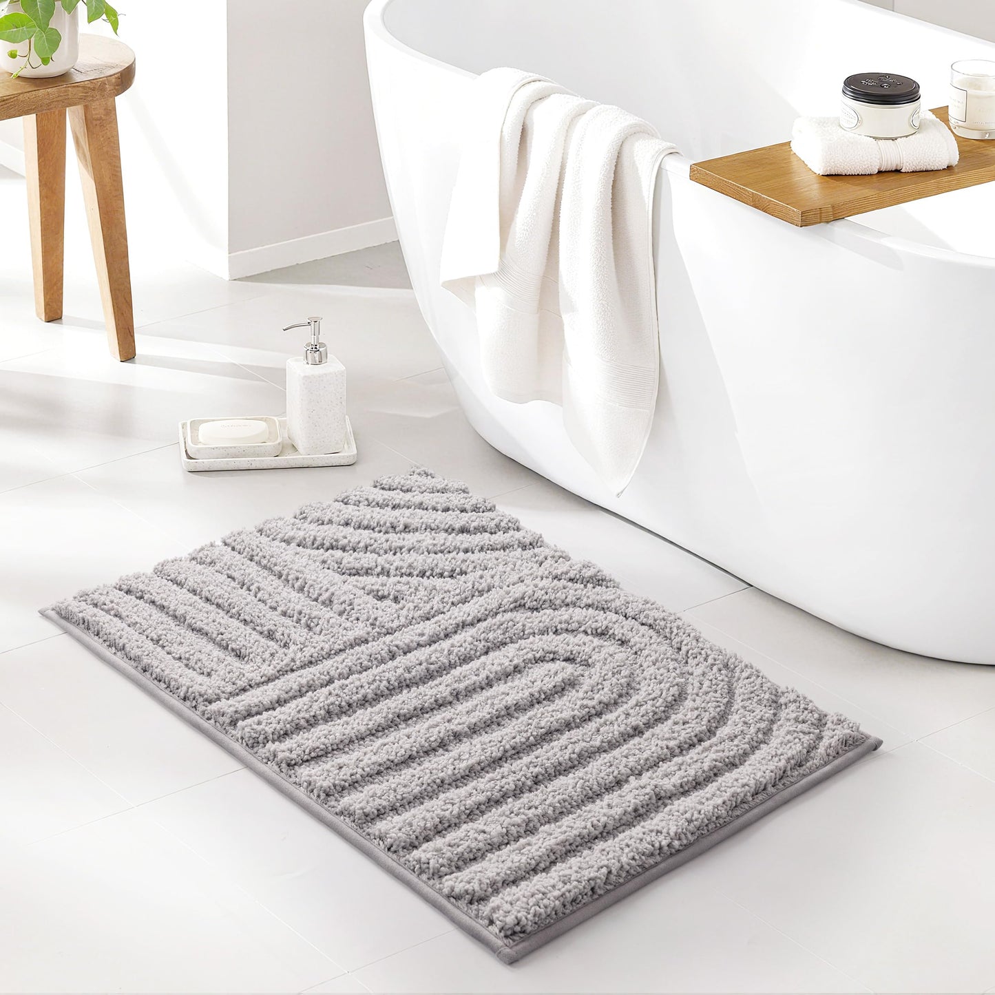 Sunlit 24"x60" Boho Decorative Textured Bathroom Rugs Runner, Mid Century Modern Extra Long Non-Slip Absorbent Soft Bath Mat, Organic Modern Floor Mat Bath Runner Dry Fast Machine Washable, Gray