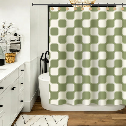 Sunlit Retro Checkered Faux Linen Fabric Shower Curtain, Beige Geometric Design with Organic Rounded Grid Pattern, Mid-Century Modern Bathroom Decor, 72" x 72"
