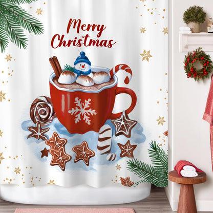 Sunlit Christmas Shower Curtain, Red Mug Hot Cocoa with Snowman Marshmallows and Gingerbread Cookies, Whimsical Holiday Scene Festive Bathroom Fabric Shower Curtain, Home Decor Tapestry, 72" x 72"