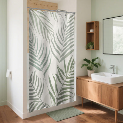Sunlit 36x72 Inches Sage Green Textured Slubbed Fabric Shower Curtain, Mid Century Modern Palm Leaf Small Stall Shower Curtains for Bathroom Decoration, RV Half Size Narrow Boho Bathroom Curtains